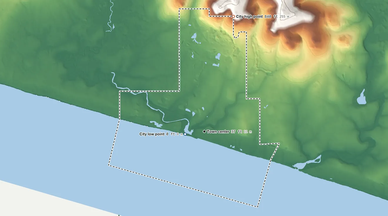 Topographic elevation map of Nome, Alaska, shaded from 0 ft near the middle to 840 ft on the north side