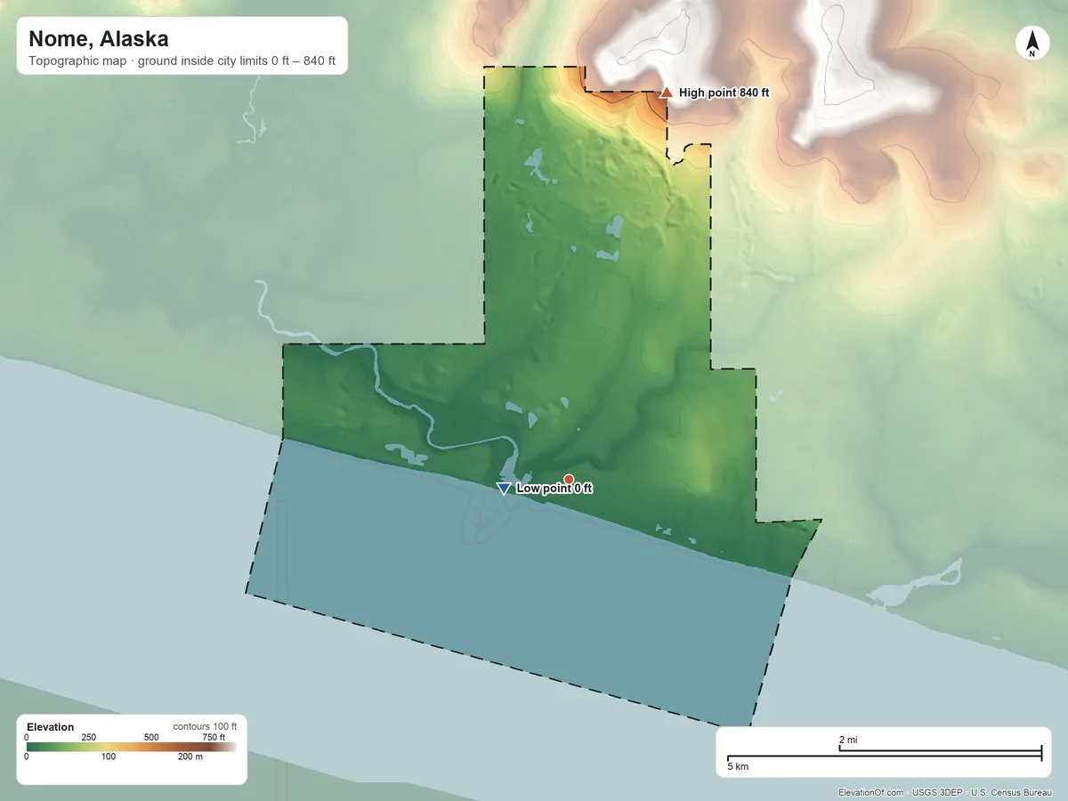 Topographic elevation map of Nome, Alaska, shaded from 0 ft near the middle to 840 ft on the north side