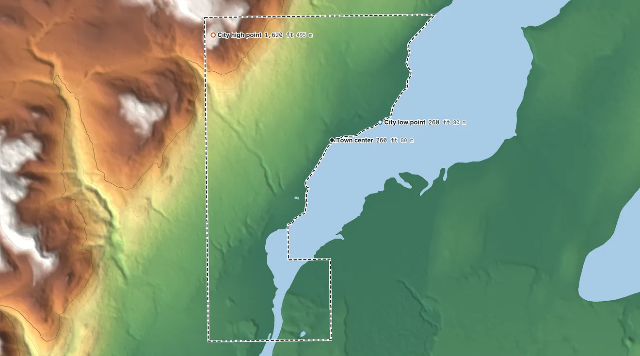 Topographic elevation map of Nondalton, Alaska, shaded from 260 ft on the east side to 1,620 ft on the northwest edge, below higher ground just outside