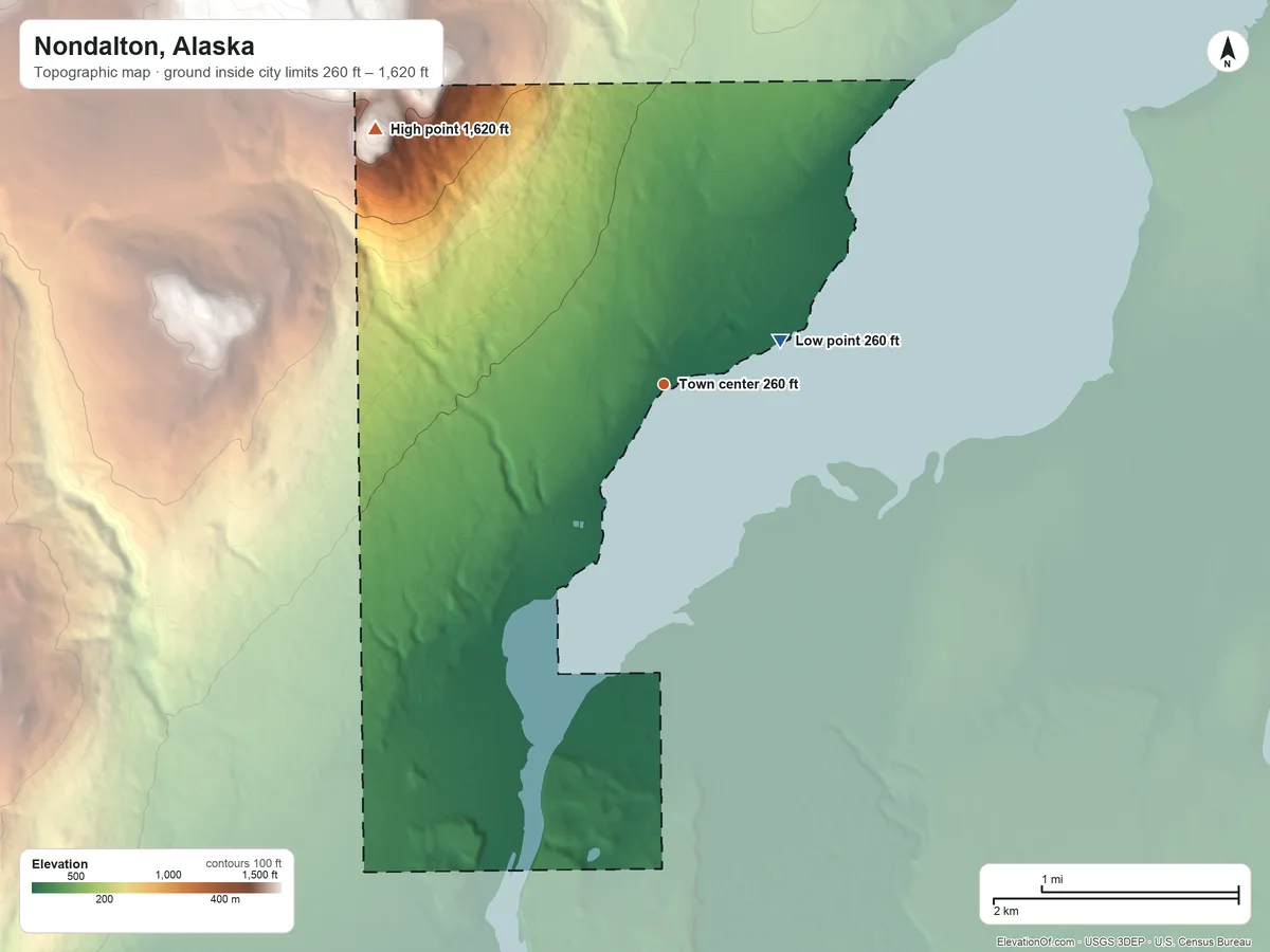 Topographic elevation map of Nondalton, Alaska, shaded from 260 ft on the east side to 1,620 ft on the northwest edge, below higher ground just outside