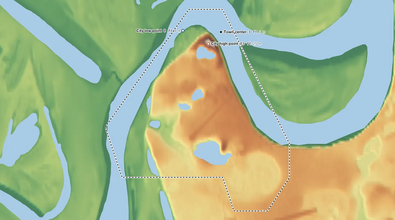 Topographic elevation map of Noorvik, Alaska, shaded from sea level level on the Nazuruk Channel to 83 ft near the middle