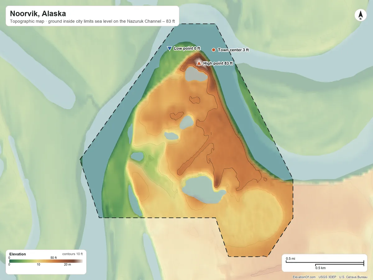 Topographic elevation map of Noorvik, Alaska, shaded from sea level level on the Nazuruk Channel to 83 ft near the middle