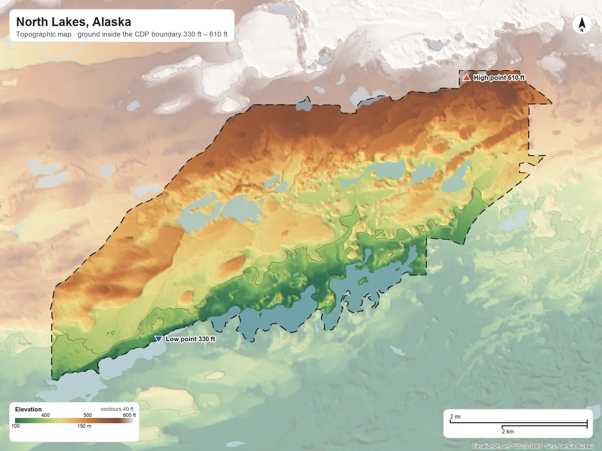 Topographic elevation map of North Lakes, Alaska, shaded from 330 ft on the southwest side to 610 ft on the northeast side