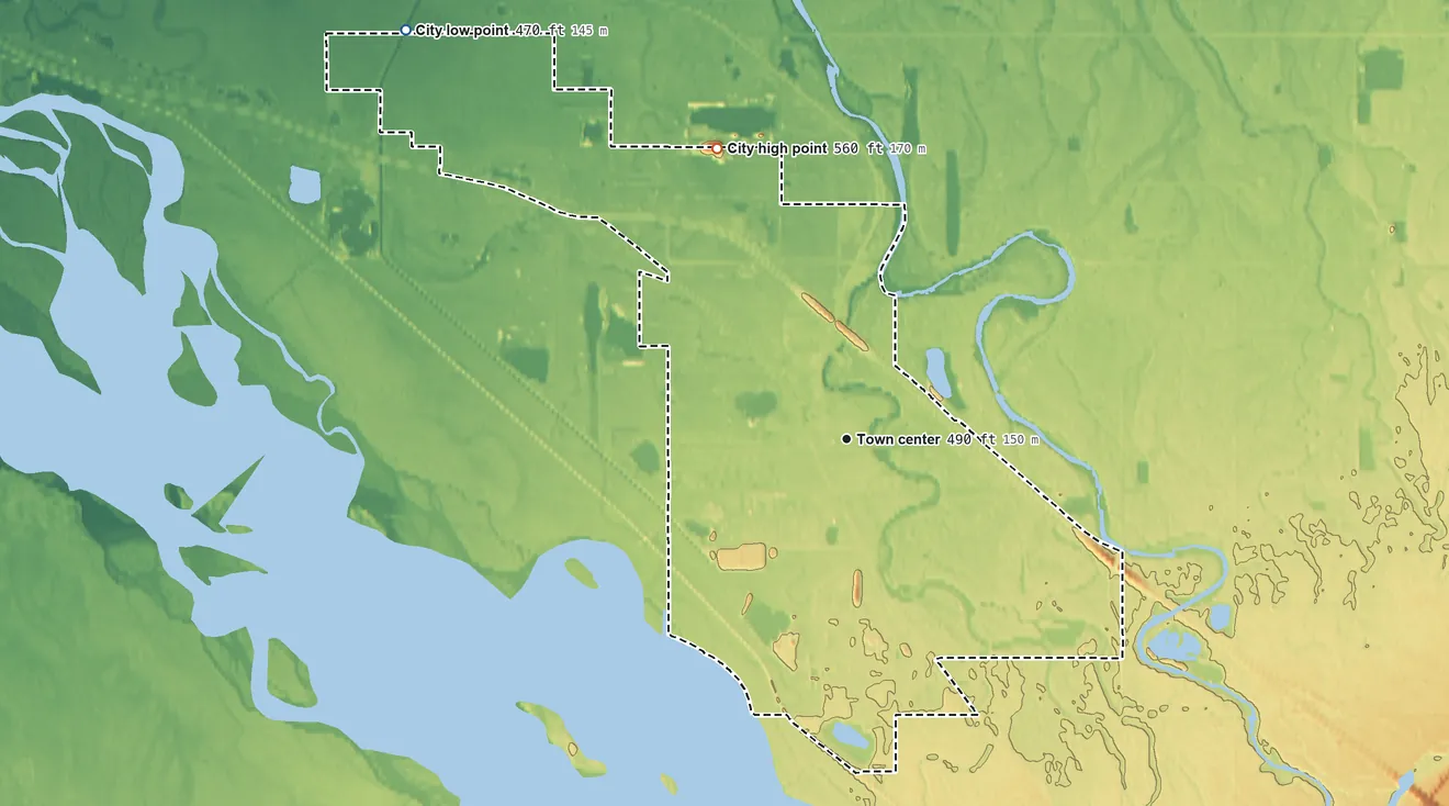 Topographic elevation map of North Pole, Alaska, shaded from 470 ft on the northwest side to 560 ft on the northwest side