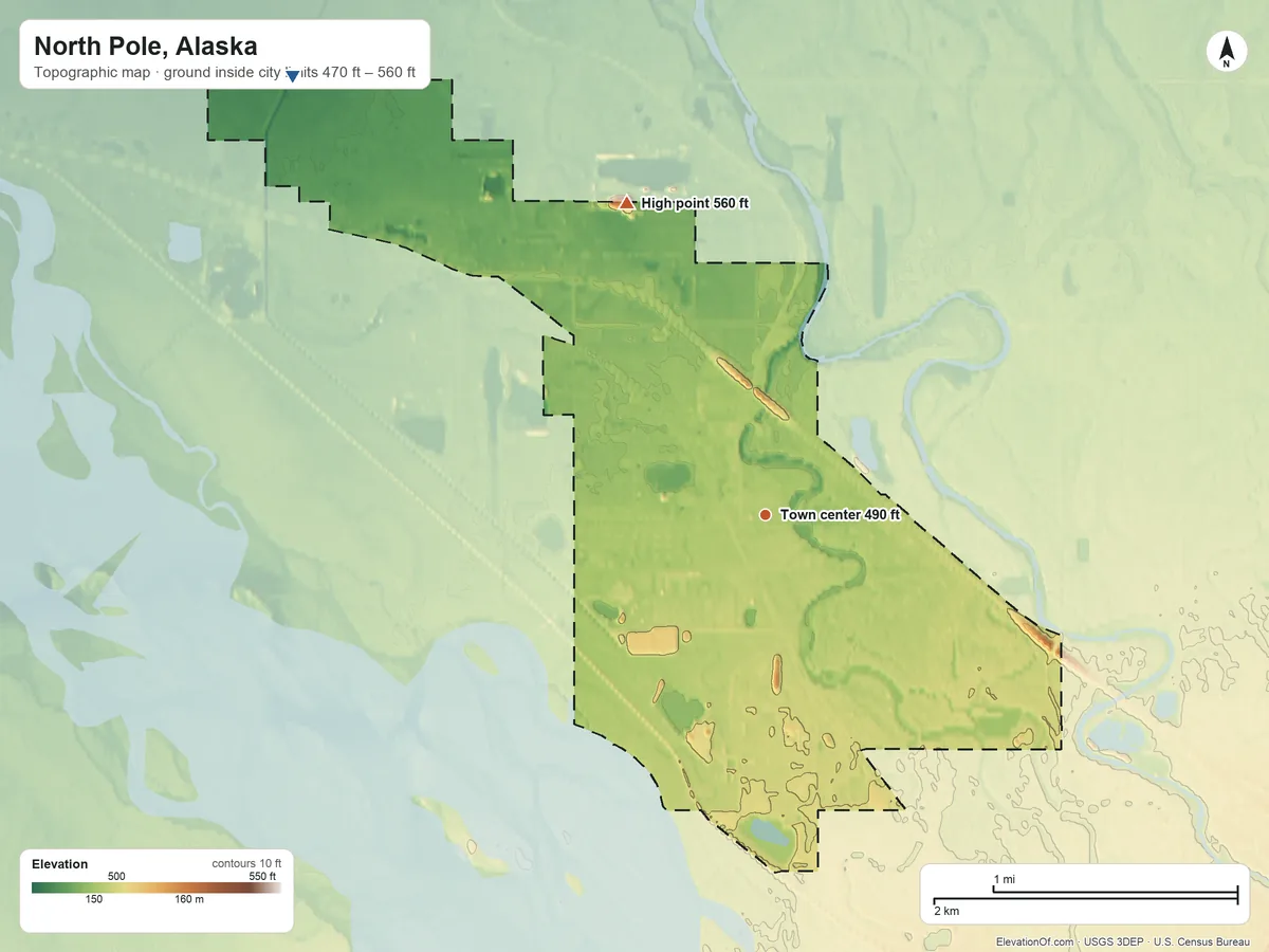 Topographic elevation map of North Pole, Alaska, shaded from 470 ft on the northwest side to 560 ft on the northwest side