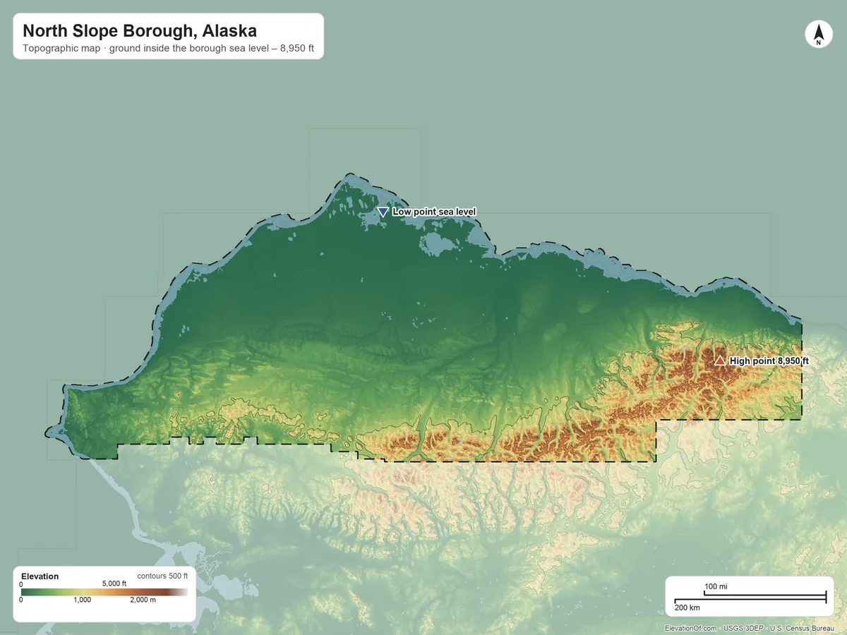 Topographic elevation map of North Slope Borough, Alaska, shaded from sea level on Dease Inlet to 8,950 ft on Mount Isto