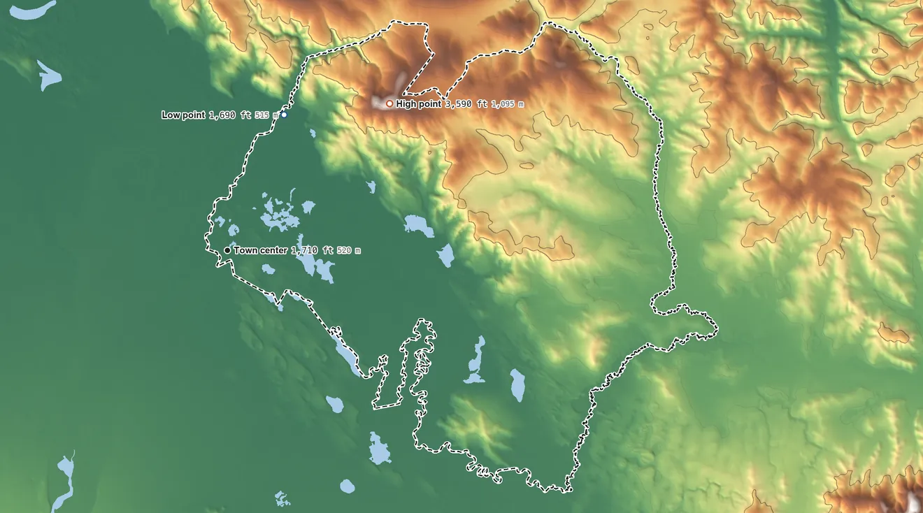 Topographic elevation map of Northway, Alaska, shaded from 1,690 ft on the northeast side to 3,594 ft on Cheneathda Hill