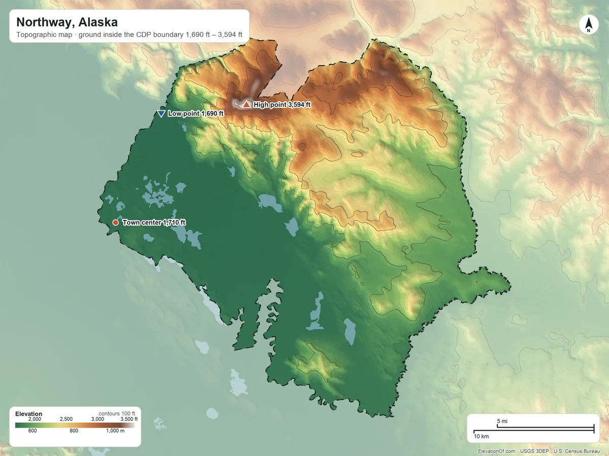 Topographic elevation map of Northway, Alaska, shaded from 1,690 ft on the northeast side to 3,594 ft on Cheneathda Hill