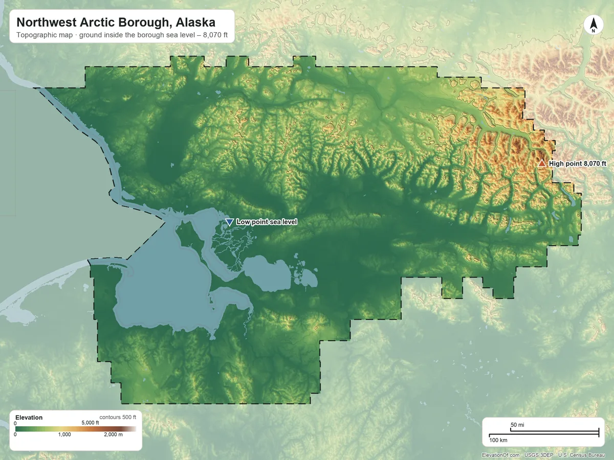 Topographic elevation map of Northwest Arctic Borough, Alaska, shaded from sea level on Ekichuk Lake to 8,070 ft on Mount Igikpak