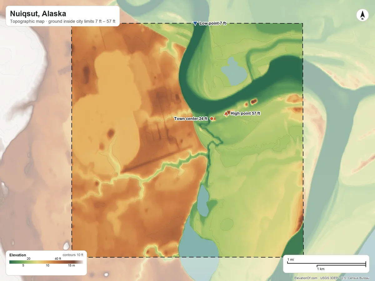 Topographic elevation map of Nuiqsut, Alaska, shaded from 7 ft on the north side to 57 ft near the middle