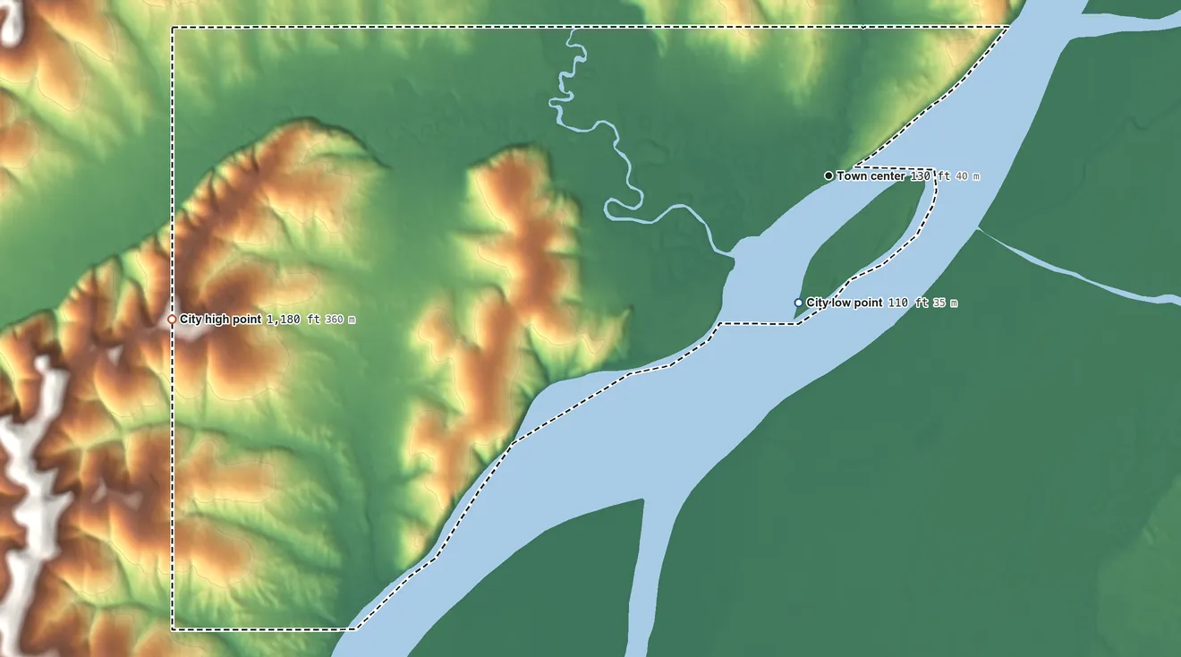 Topographic elevation map of Nulato, Alaska, shaded from 110 ft on the south side to 1,180 ft on the west side