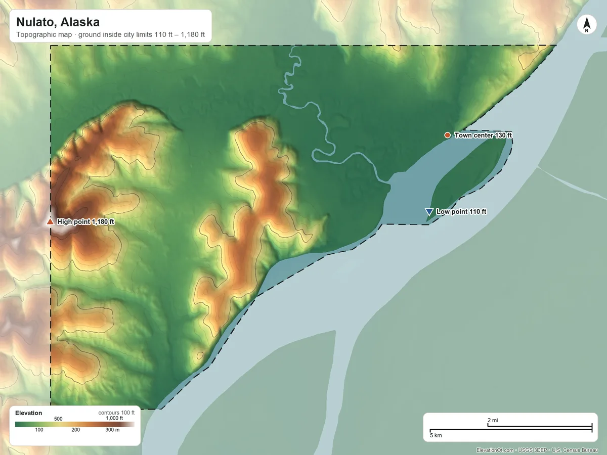 Topographic elevation map of Nulato, Alaska, shaded from 110 ft on the south side to 1,180 ft on the west side