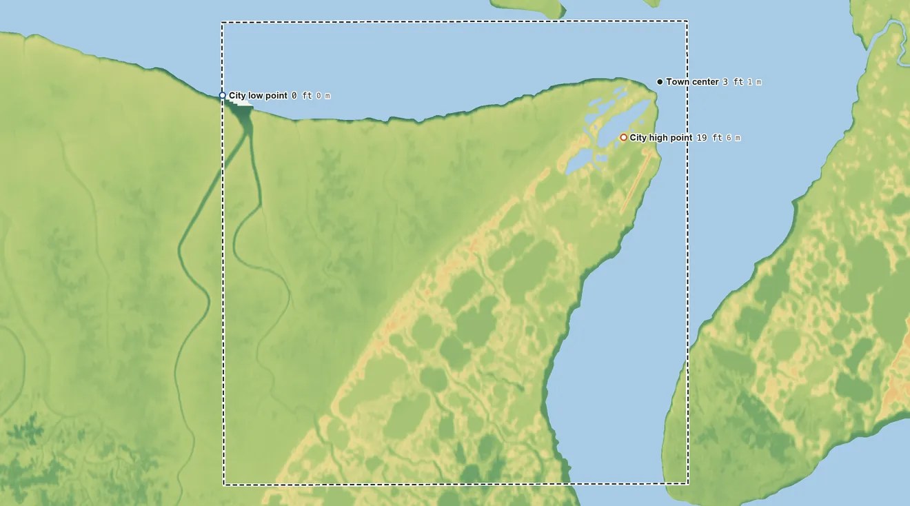 Topographic elevation map of Nunam Iqua, Alaska, shaded from sea level level on the Kwemeluk Pass to 19 ft on the southwest side