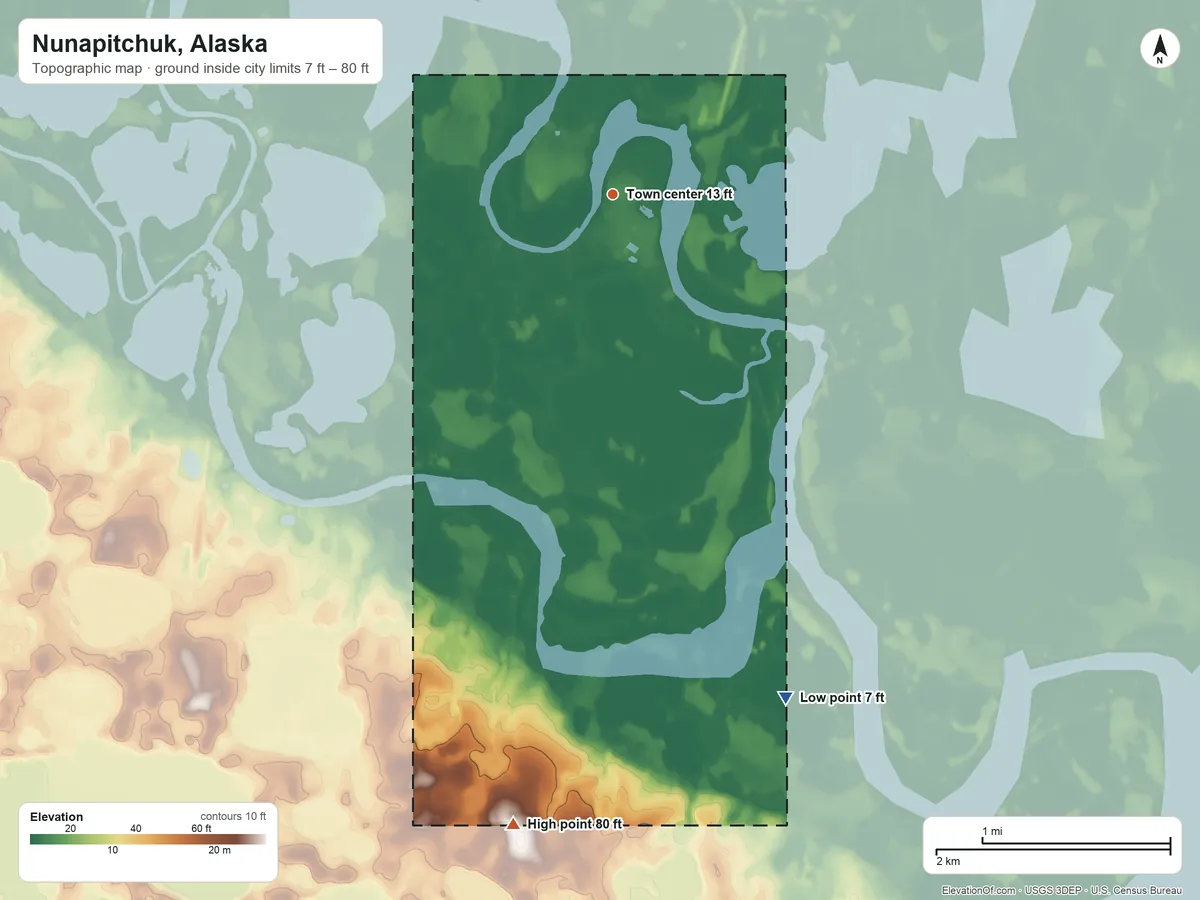 Topographic elevation map of Nunapitchuk, Alaska, shaded from 7 ft on the south side to 80 ft on the south side