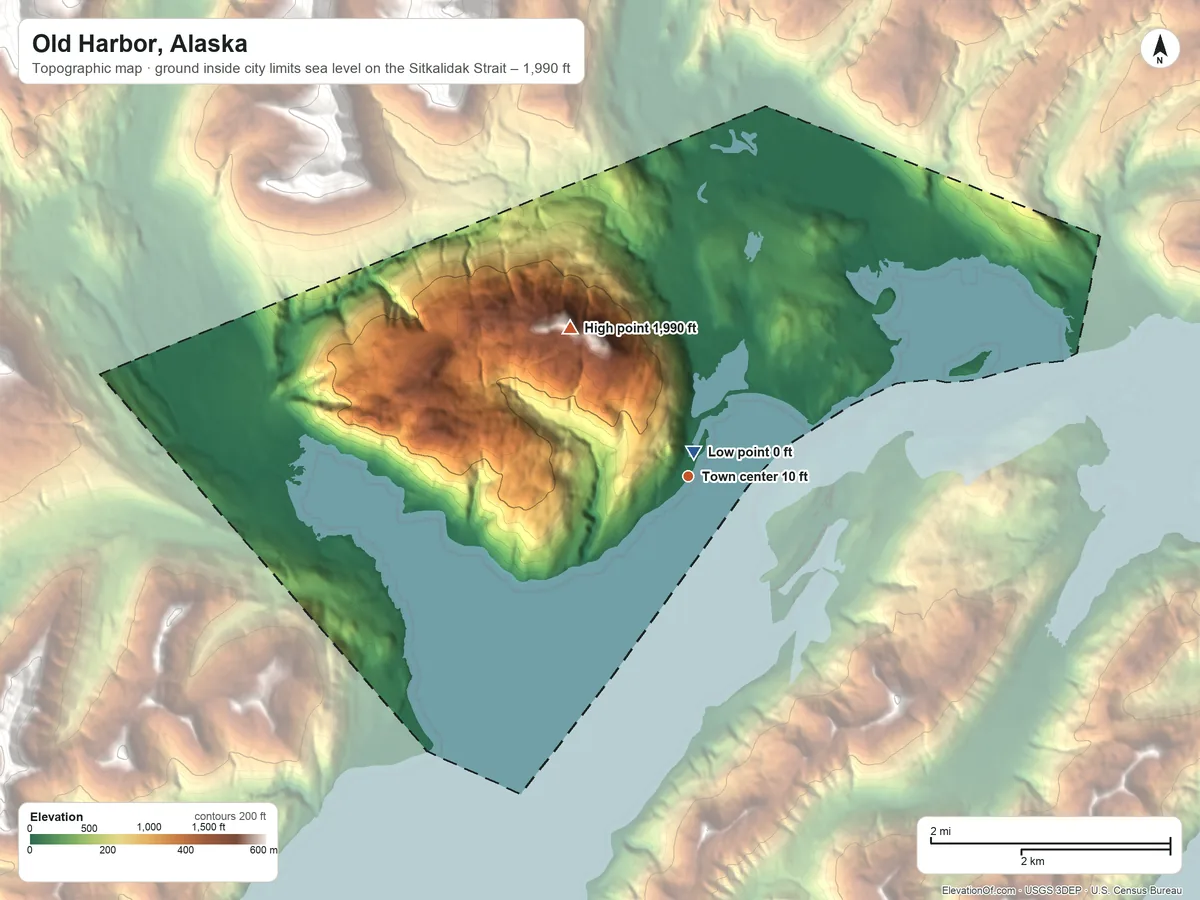 Topographic elevation map of Old Harbor, Alaska, shaded from sea level level on the Sitkalidak Strait to 1,990 ft on the northwest side