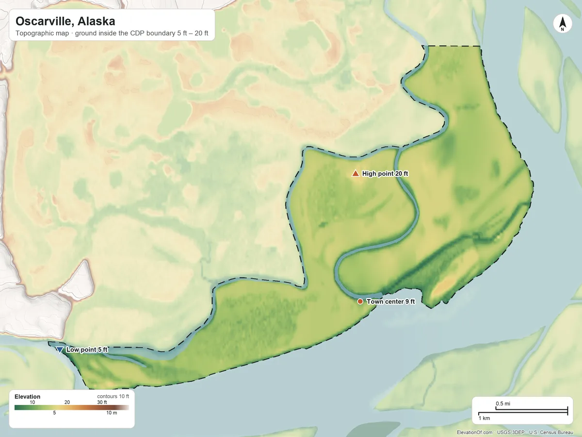 Topographic elevation map of Oscarville, Alaska, shaded from 5 ft on the west side to 20 ft on the north side