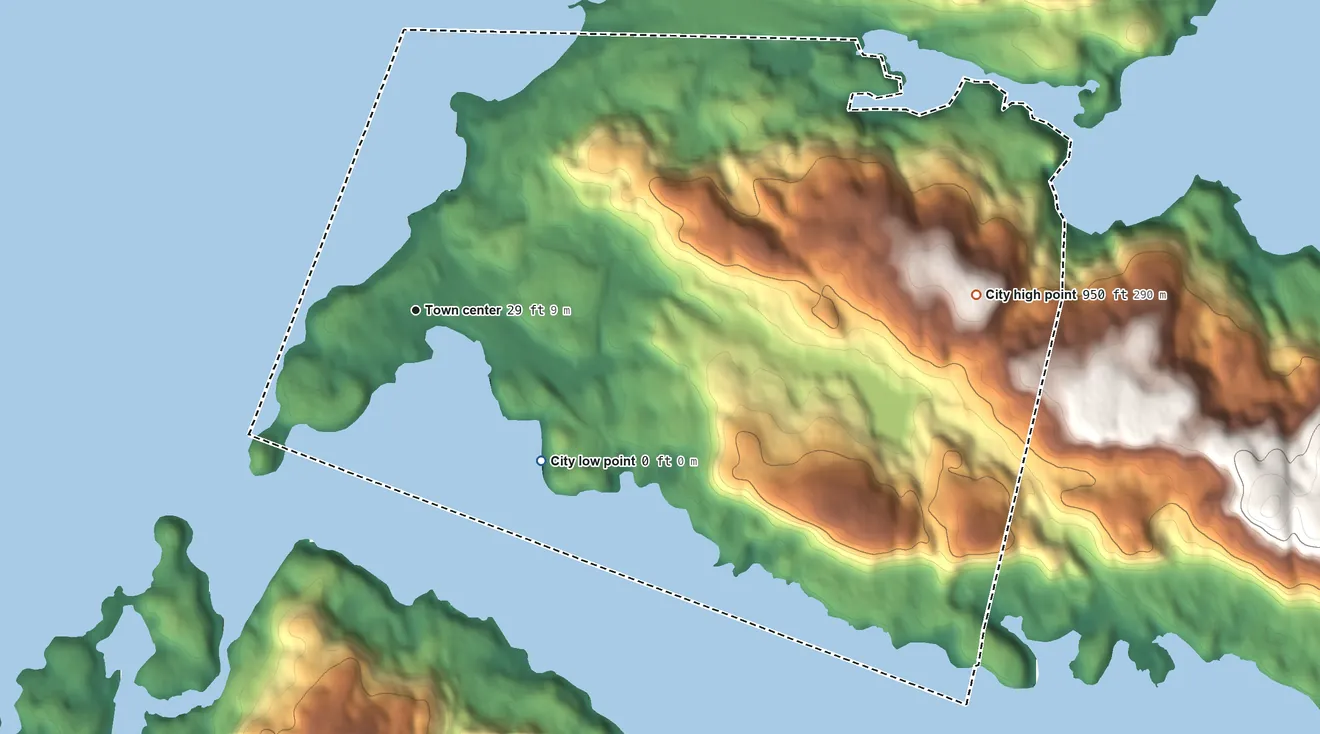 Topographic elevation map of Ouzinkie, Alaska, shaded from sea level level on the Narrow Strait to 950 ft on the east edge, below higher ground just outside
