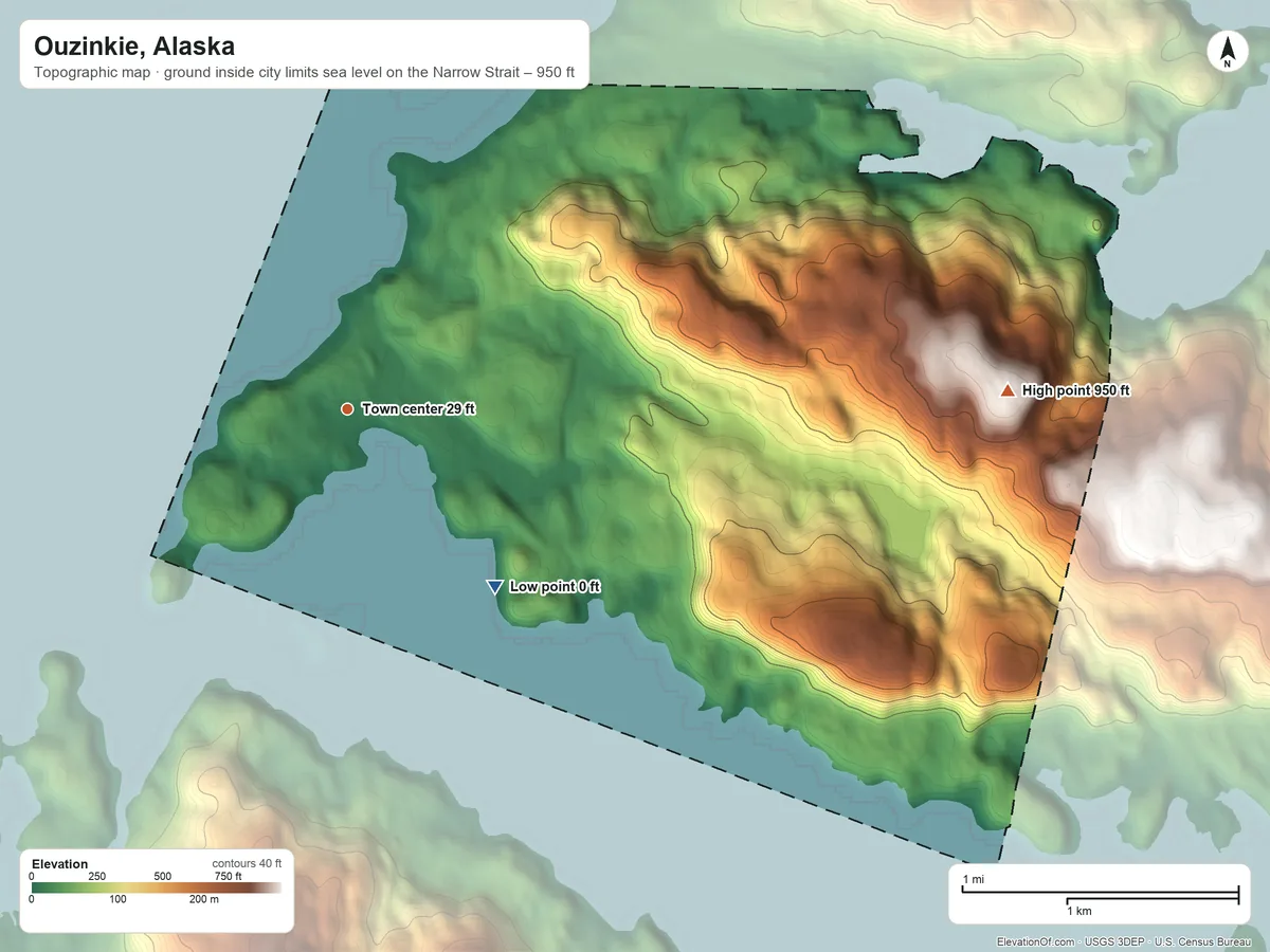 Topographic elevation map of Ouzinkie, Alaska, shaded from sea level level on the Narrow Strait to 950 ft on the east edge, below higher ground just outside
