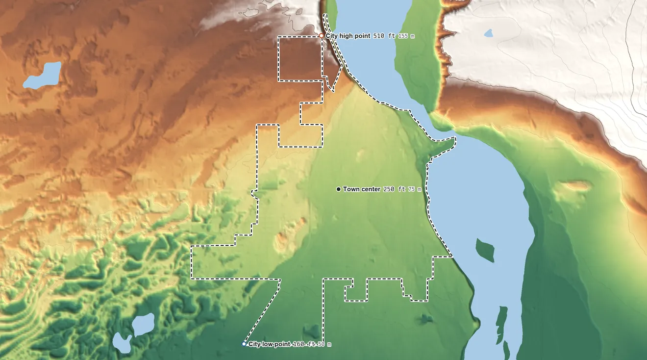 Topographic elevation map of Palmer, Alaska, shaded from 160 ft on the southwest side to 510 ft on the north side