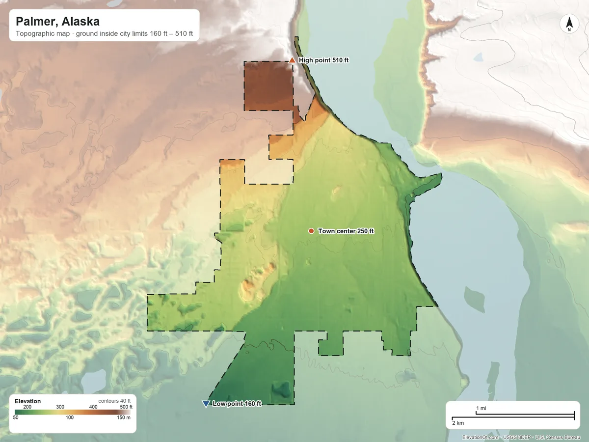 Topographic elevation map of Palmer, Alaska, shaded from 160 ft on the southwest side to 510 ft on the north side