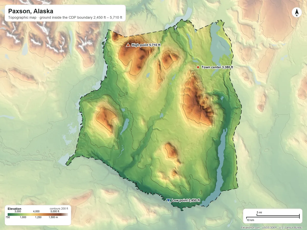 Topographic elevation map of Paxson, Alaska, shaded from 2,450 ft on the south side to 5,710 ft on the west side