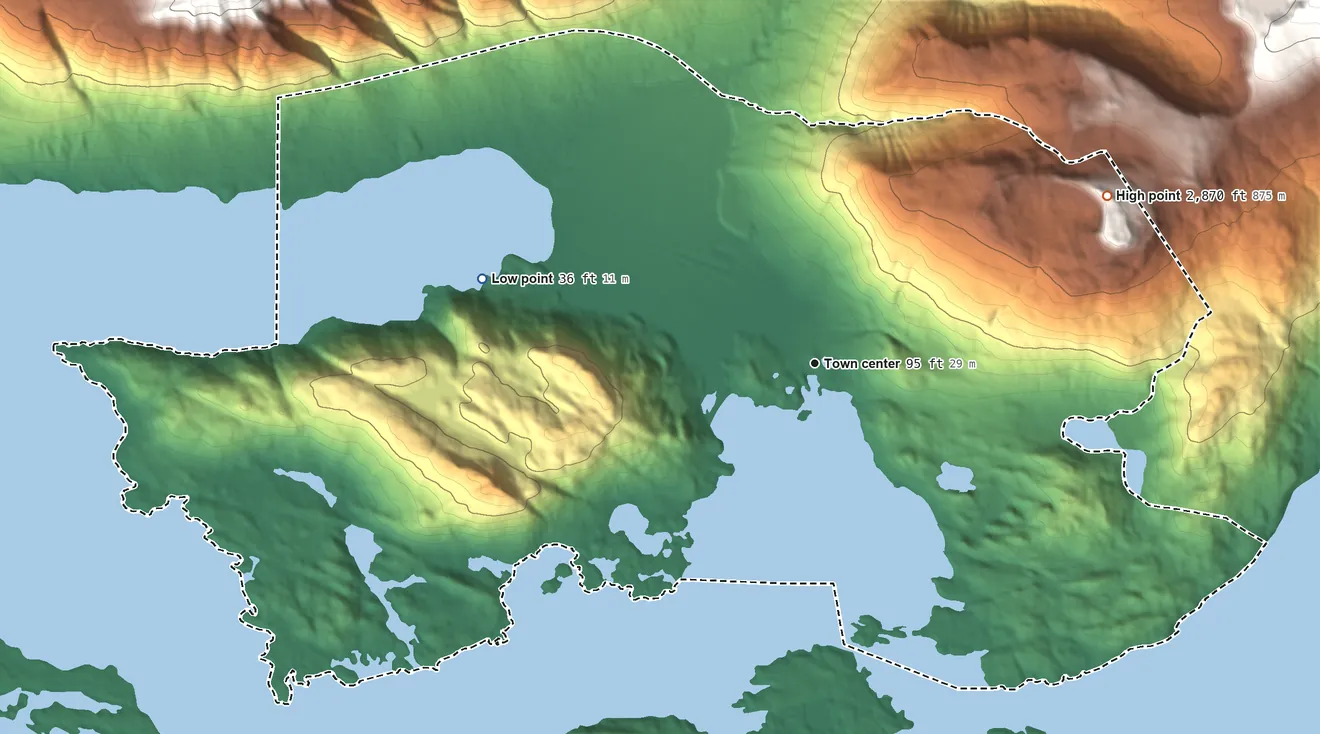 Topographic elevation map of Pedro Bay, Alaska, shaded from 36 ft on the west side to 2,870 ft on the northeast edge, below higher ground just outside