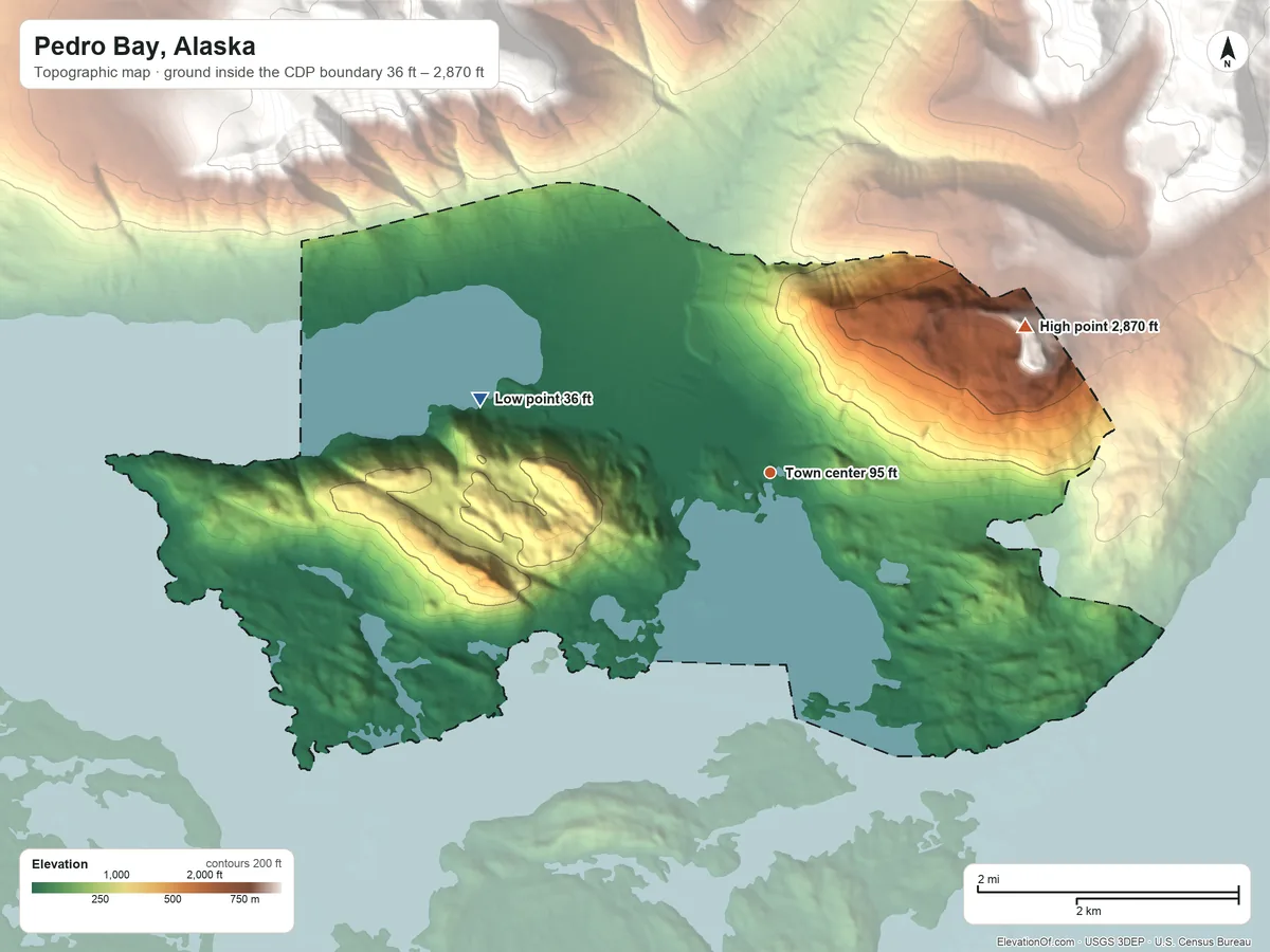 Topographic elevation map of Pedro Bay, Alaska, shaded from 36 ft on the west side to 2,870 ft on the northeast edge, below higher ground just outside