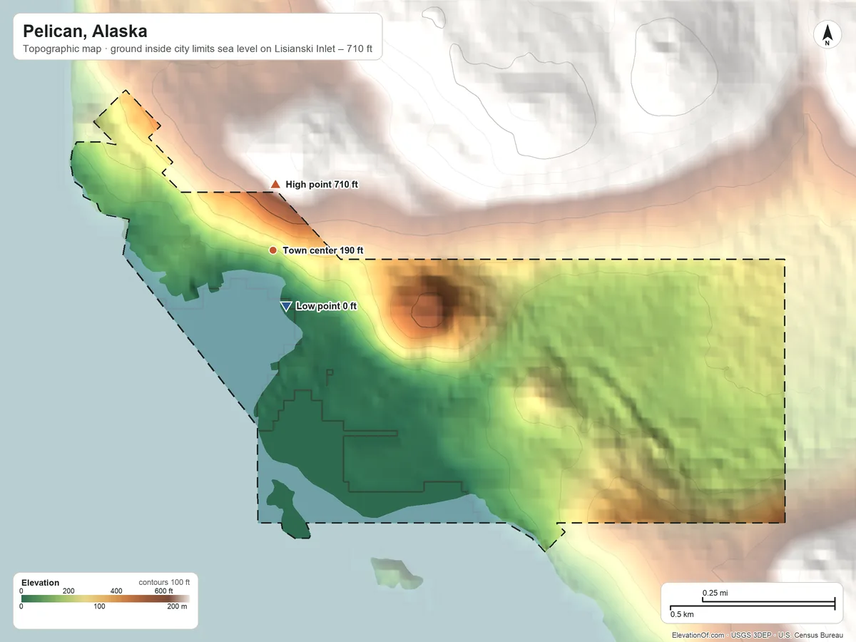 Topographic elevation map of Pelican, Alaska, shaded from sea level level on Lisianski Inlet to 710 ft on the north edge, below higher ground just outside