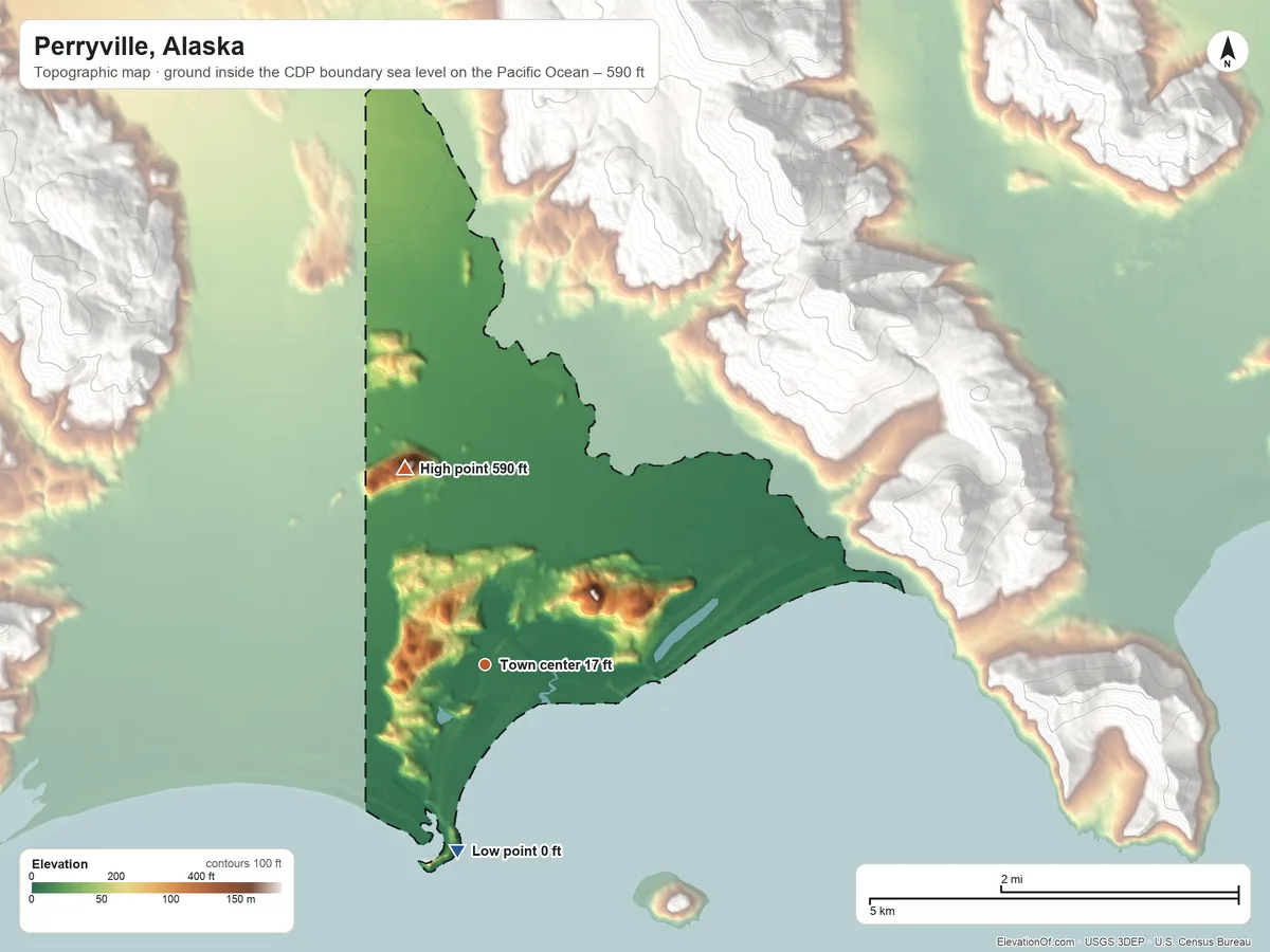 Topographic elevation map of Perryville, Alaska, shaded from sea level level on the Pacific Ocean to 590 ft on the north side