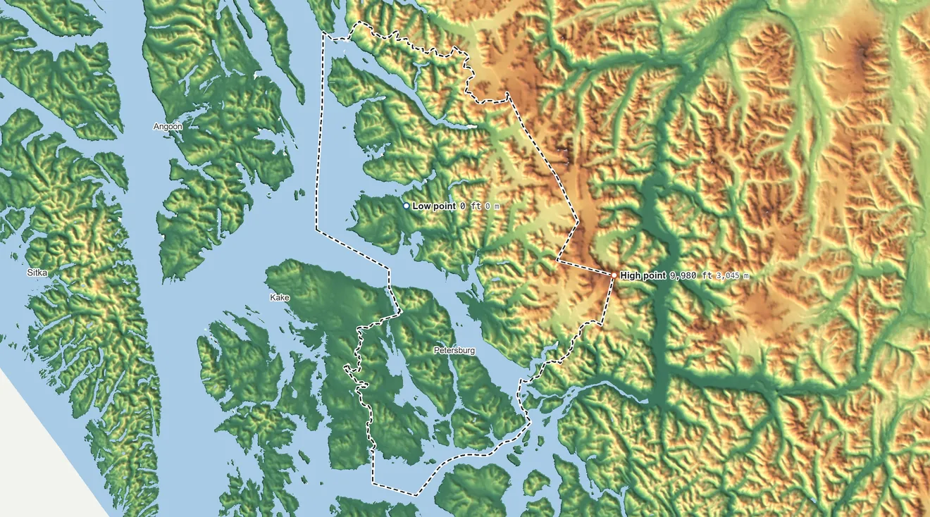 Topographic elevation map of Petersburg Borough, Alaska, shaded from sea level on Sandborn Canal to 9,980 ft on Kates Needle