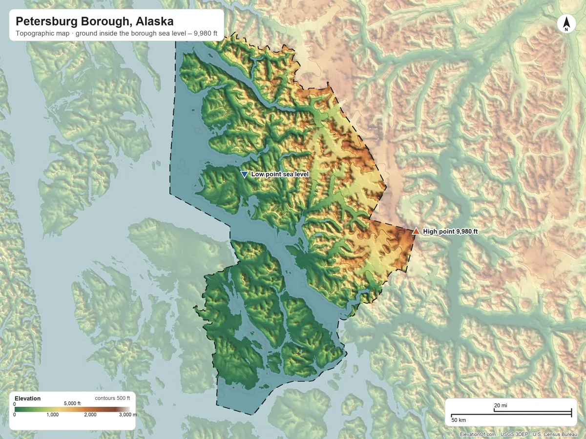 Topographic elevation map of Petersburg Borough, Alaska, shaded from sea level on Sandborn Canal to 9,980 ft on Kates Needle
