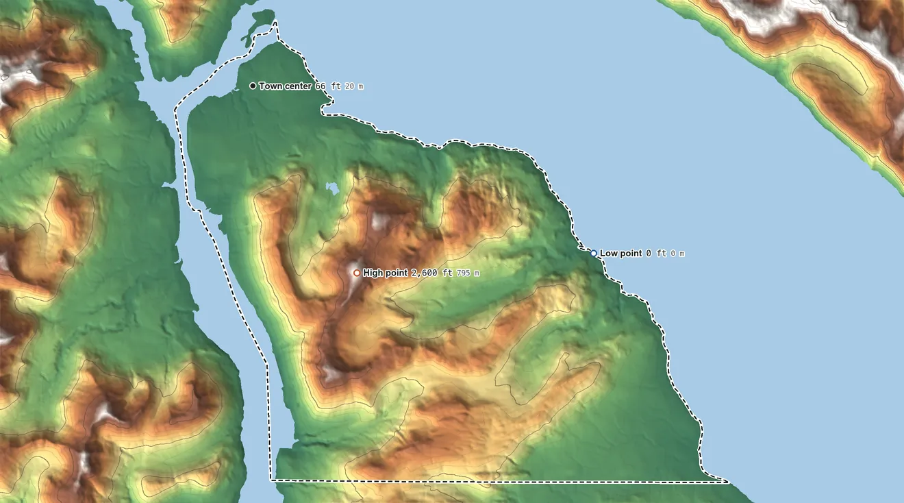 Topographic elevation map of Petersburg, Alaska, shaded from sea level level on Frederick Sound to 2,600 ft on Survey Mountains