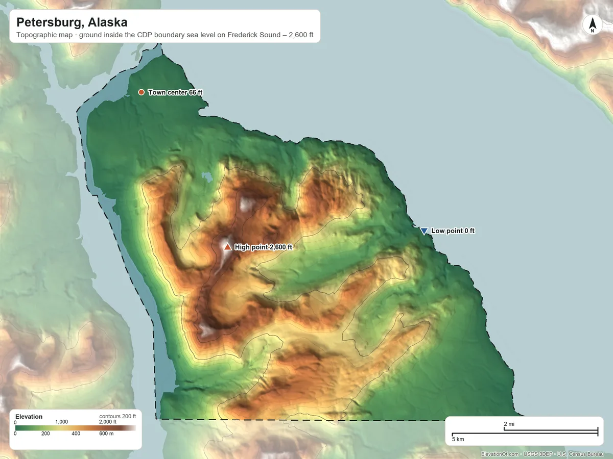 Topographic elevation map of Petersburg, Alaska, shaded from sea level level on Frederick Sound to 2,600 ft on Survey Mountains