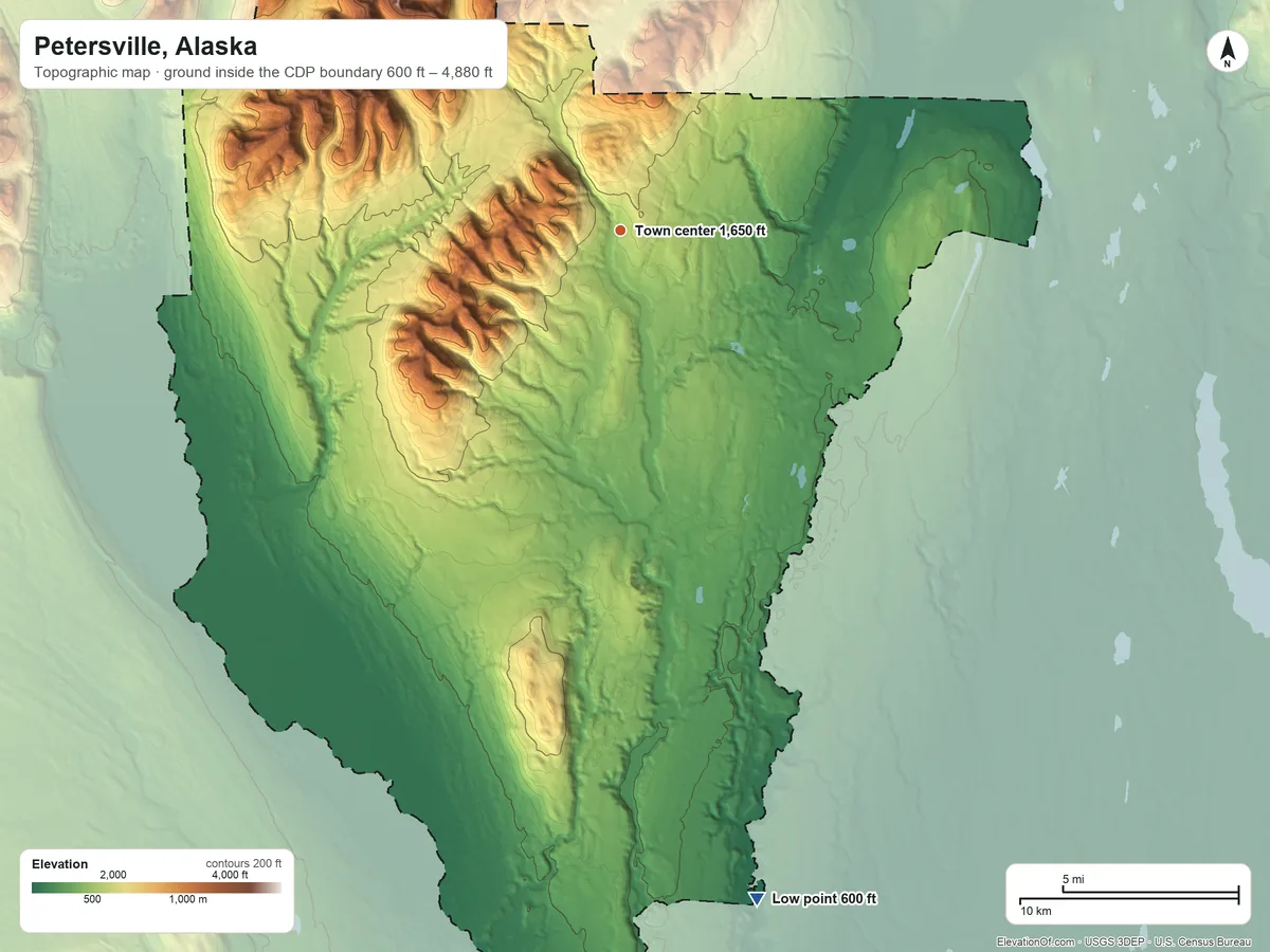 Topographic elevation map of Petersville, Alaska, shaded from 600 ft on the south side to 4,880 ft on Dutch Hills