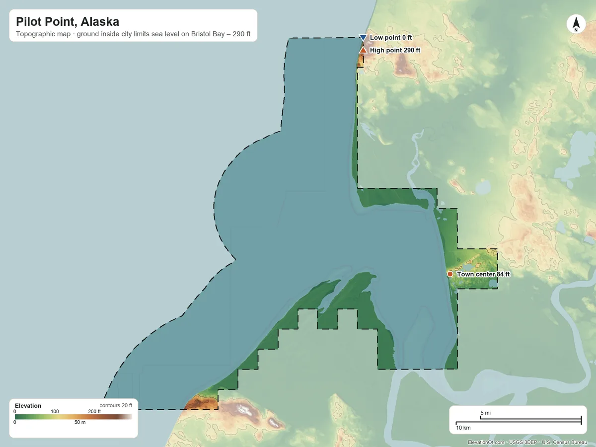 Topographic elevation map of Pilot Point, Alaska, shaded from sea level level on Bristol Bay to 290 ft on the north side