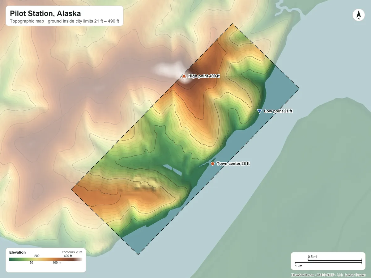 Topographic elevation map of Pilot Station, Alaska, shaded from 21 ft on the northeast side to 490 ft on the north side