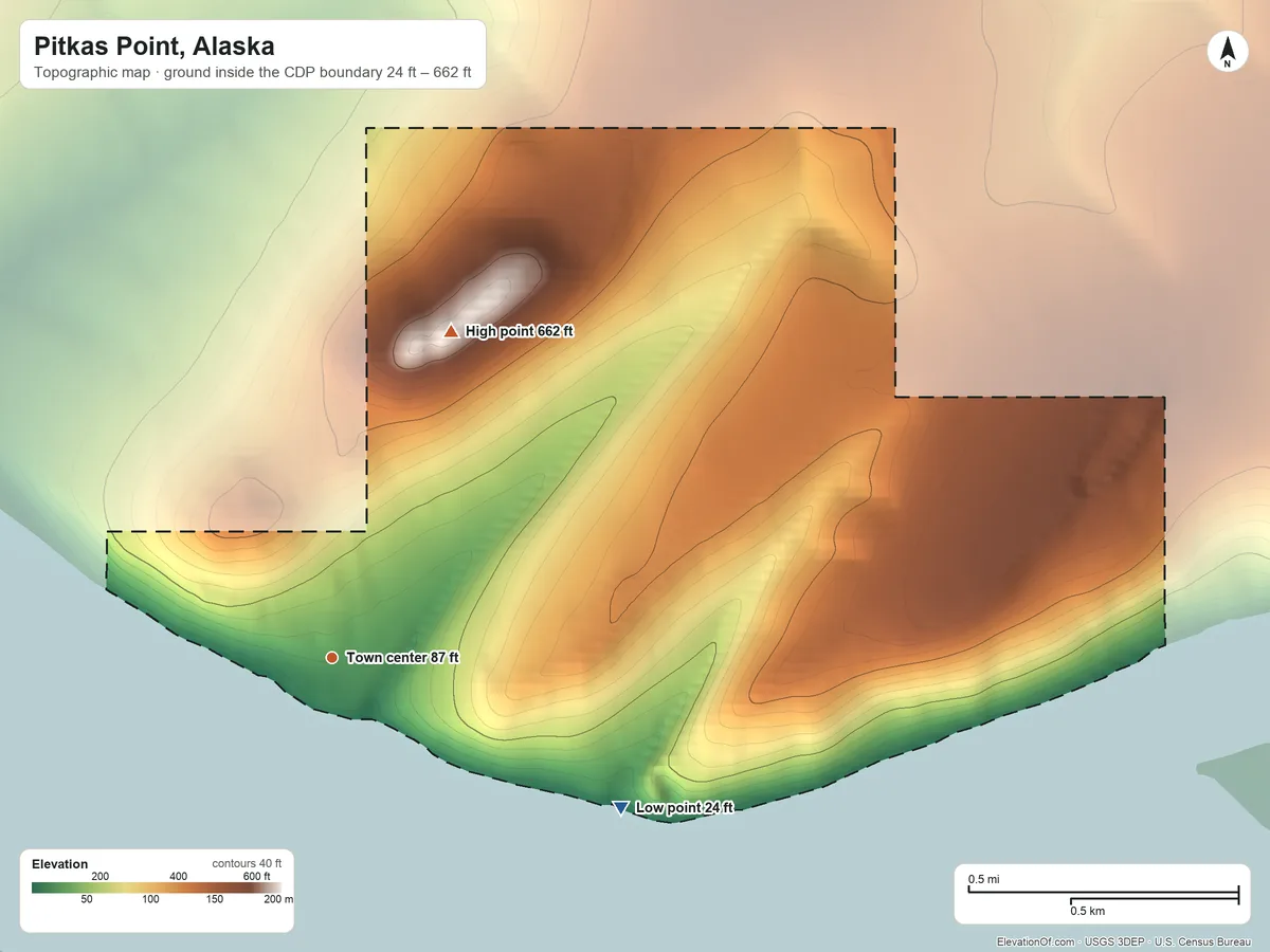 Topographic elevation map of Pitkas Point, Alaska, shaded from 24 ft on the southeast side to 662 ft on Andreafsky Mountain