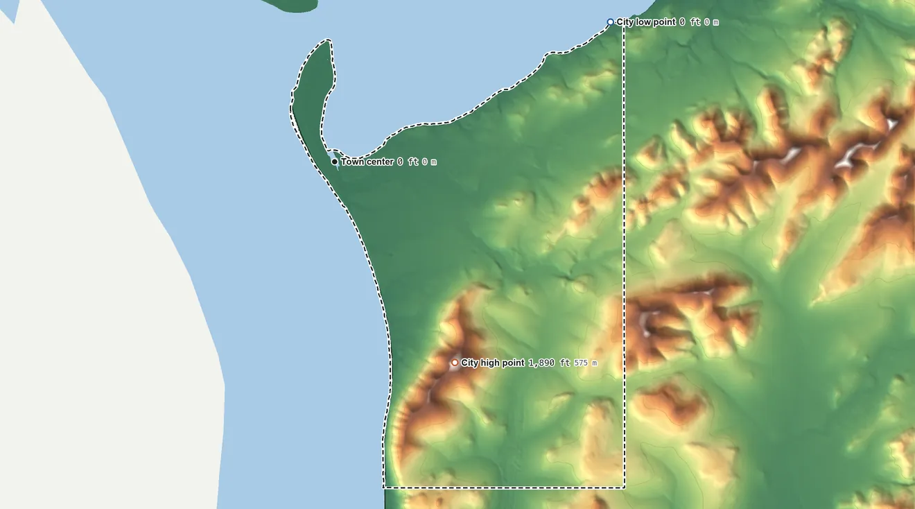 Topographic elevation map of Platinum, Alaska, shaded from sea level level on Goodnews Bay to 1,892 ft on Red Mountain