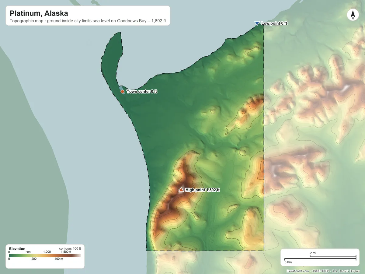 Topographic elevation map of Platinum, Alaska, shaded from sea level level on Goodnews Bay to 1,892 ft on Red Mountain
