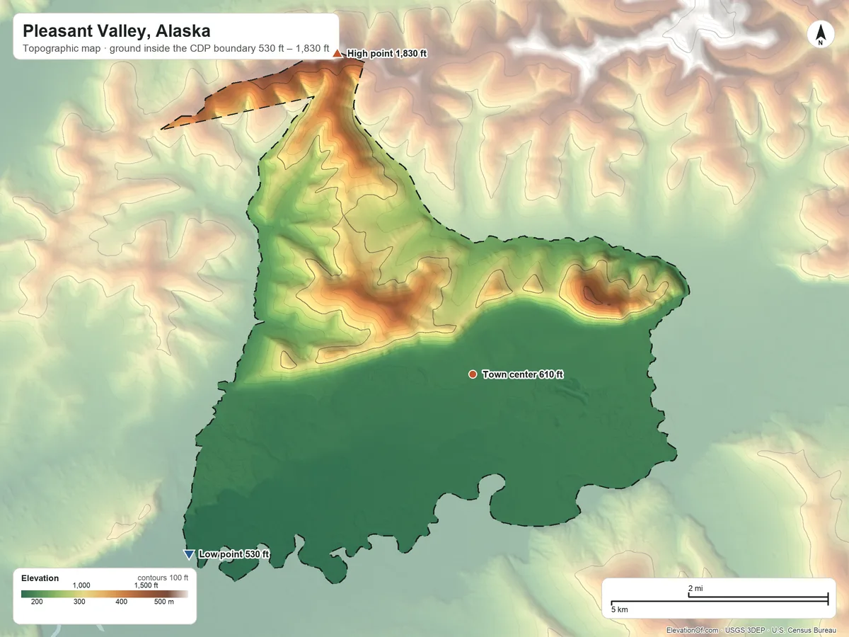 Topographic elevation map of Pleasant Valley, Alaska, shaded from 530 ft on the southwest side to 1,830 ft on the northwest side