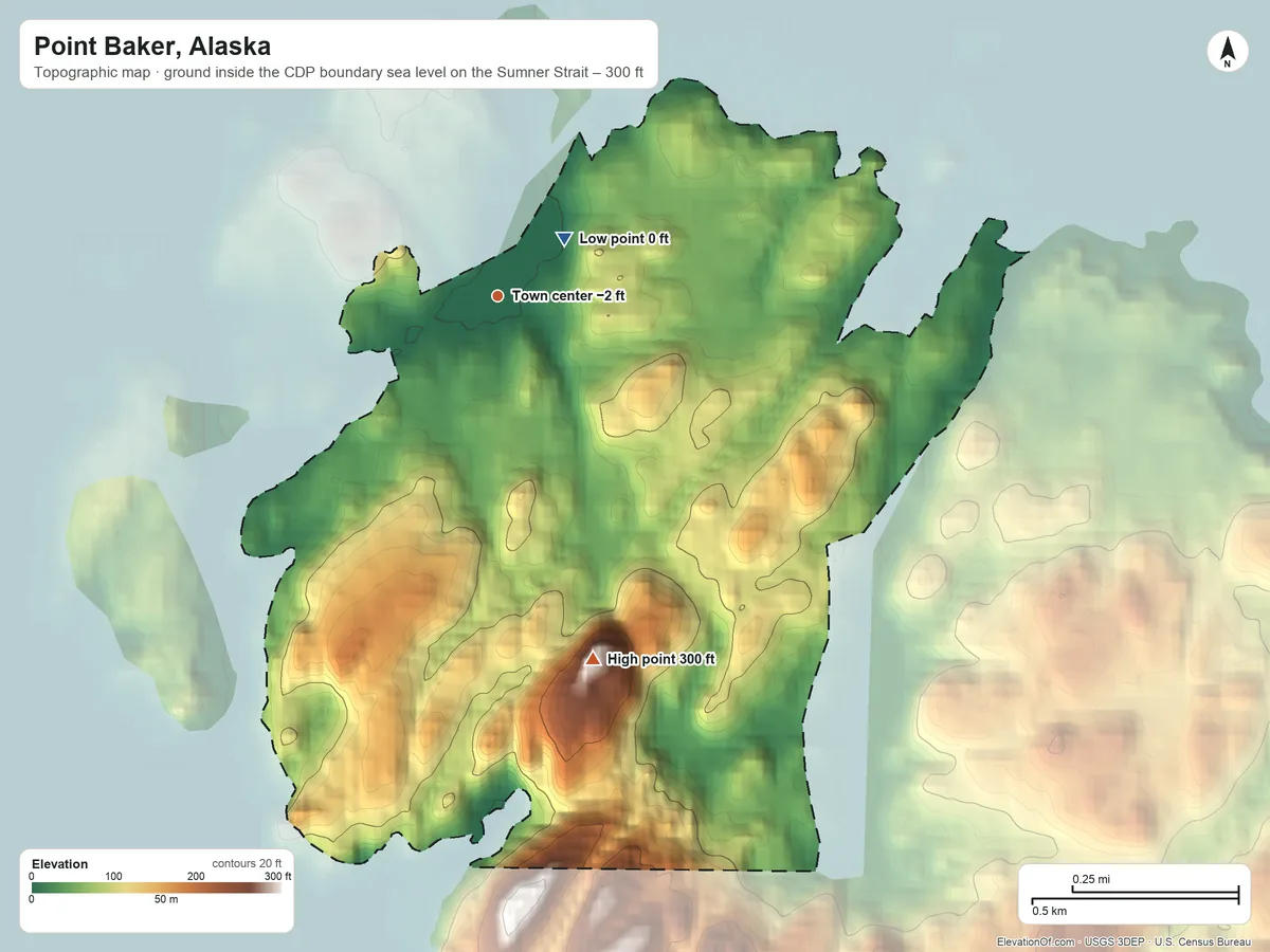Topographic elevation map of Point Baker, Alaska, shaded from sea level level on the Sumner Strait to 300 ft on the south edge, below higher ground just outside