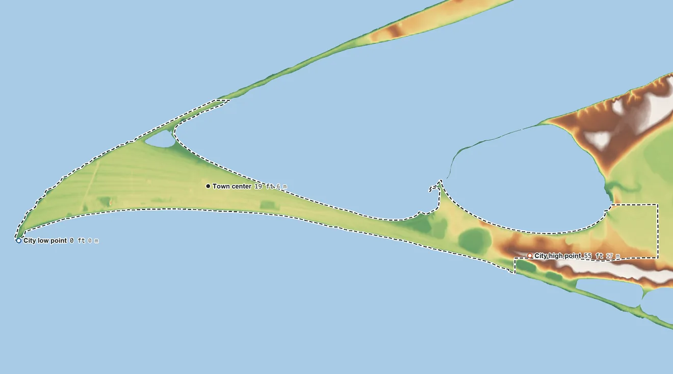 Topographic elevation map of Point Hope, Alaska, shaded from sea level level on the Chukchi Sea to 55 ft on the east side