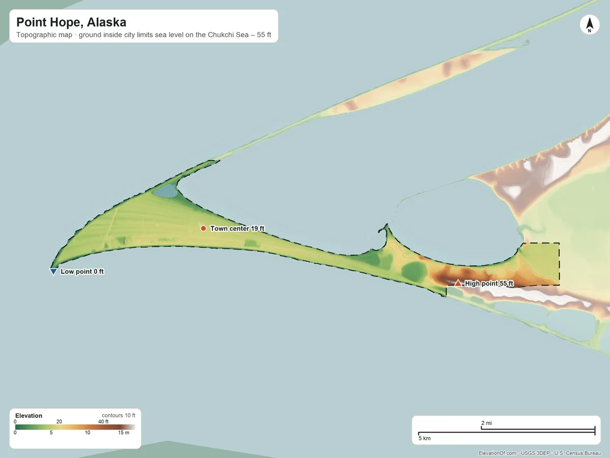 Topographic elevation map of Point Hope, Alaska, shaded from sea level level on the Chukchi Sea to 55 ft on the east side