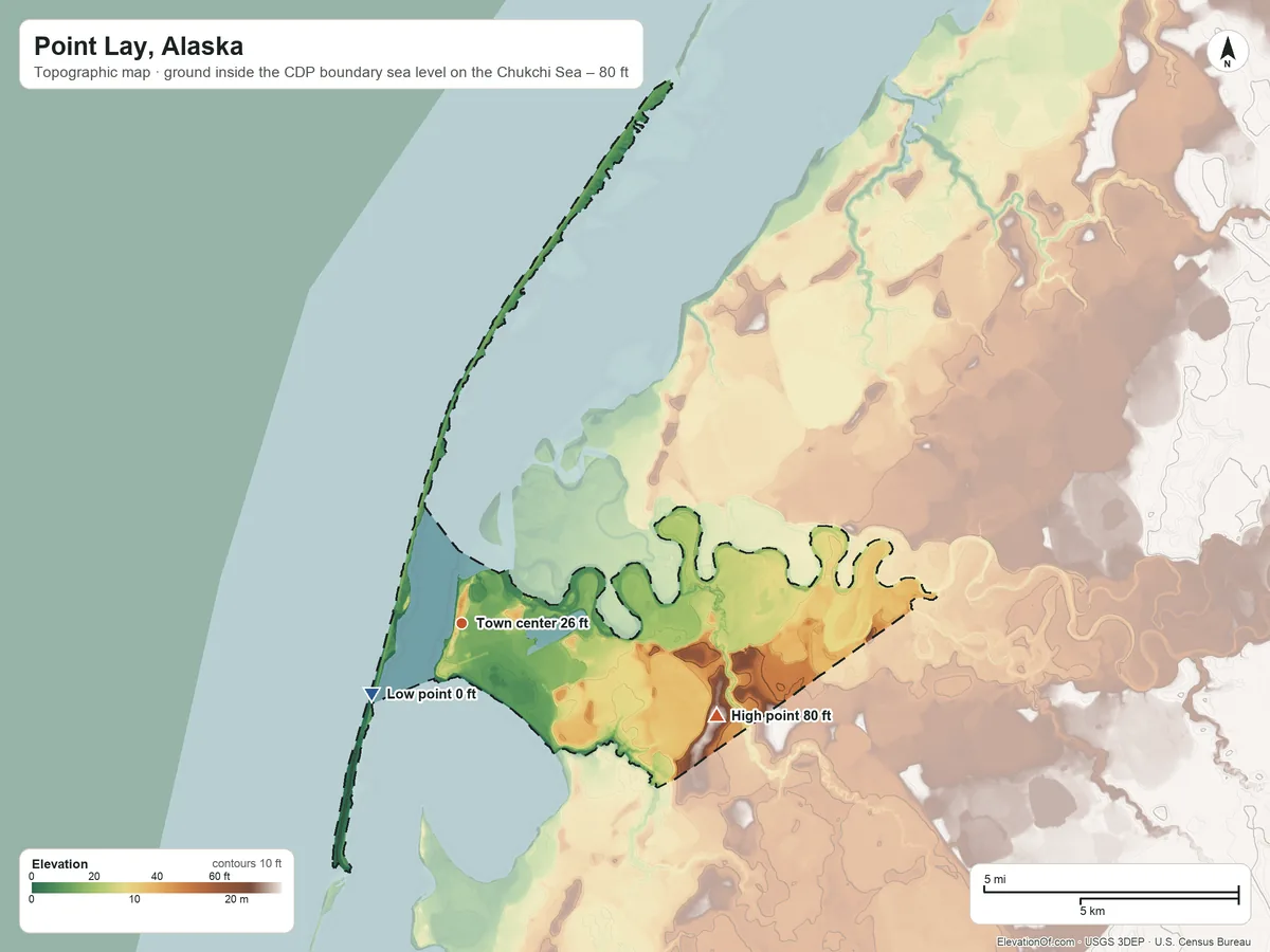 Topographic elevation map of Point Lay, Alaska, shaded from sea level level on the Chukchi Sea to 80 ft on the east side