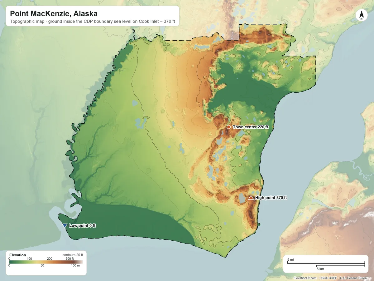 Topographic elevation map of Point MacKenzie, Alaska, shaded from sea level level on Cook Inlet to 370 ft on the south side