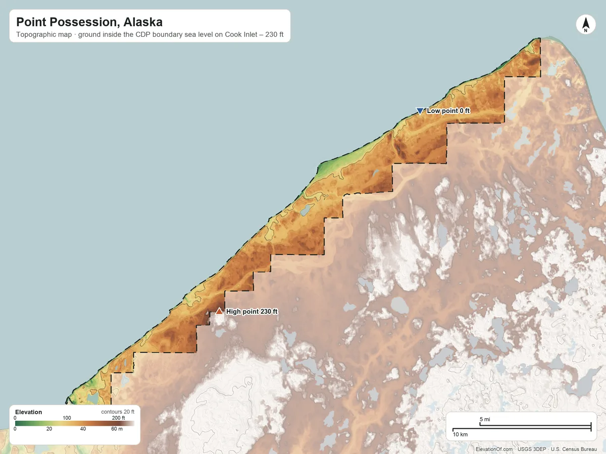 Topographic elevation map of Point Possession, Alaska, shaded from sea level level on Cook Inlet to 230 ft near the middle