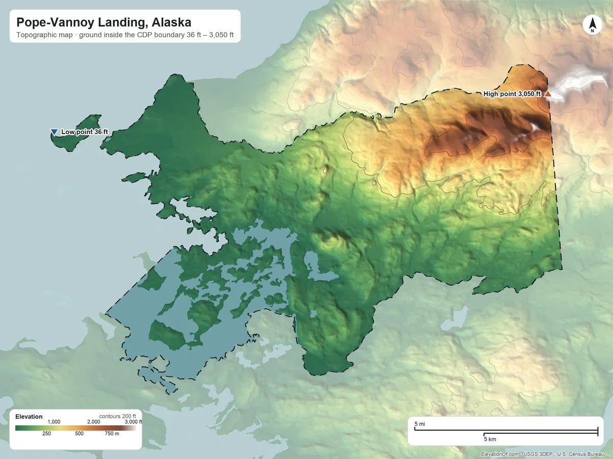 Topographic elevation map of Pope-Vannoy Landing, Alaska, shaded from 36 ft on the west side to 3,050 ft on the northeast edge, below higher ground just outside