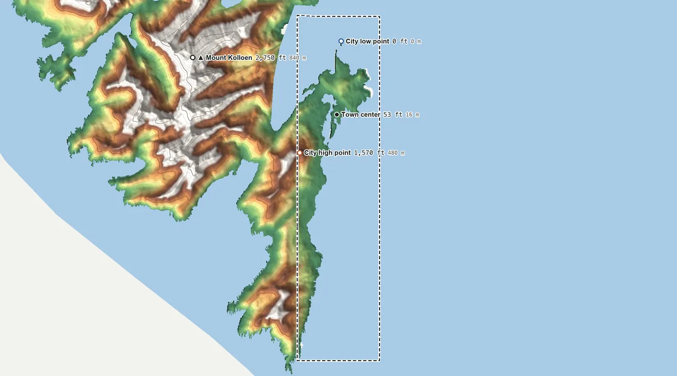 Topographic elevation map of Port Alexander, Alaska, shaded from sea level level on the Port Conclusion to 1,570 ft on the southwest side