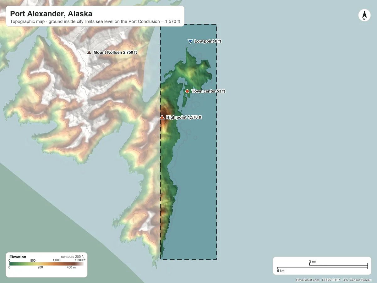 Topographic elevation map of Port Alexander, Alaska, shaded from sea level level on the Port Conclusion to 1,570 ft on the southwest side