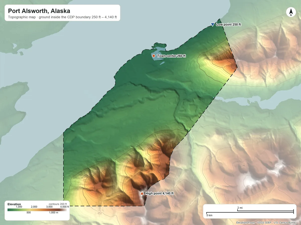 Topographic elevation map of Port Alsworth, Alaska, shaded from 250 ft on the northeast side to 4,140 ft on the south side